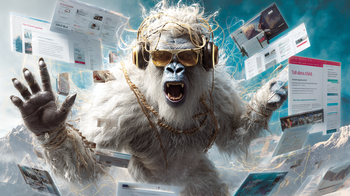 Yeti sitzt umgeben von über 20 geöffneten digitalen Tools, wirkt überfordert. Symbolbild für Tool Overload im Marketing kleiner Unternehmen