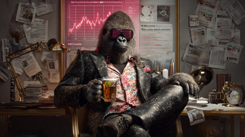 „Illustration eines modernen Yetis in digitalem Büro, umgeben von KI-generiertem Content. Symbolbild für strategisches Content Marketing 2025.