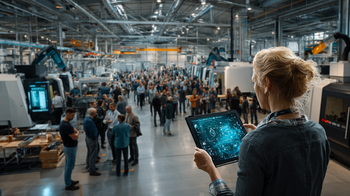 Verkaufsgespräch in einer Maschinenbauhalle, mit digitalen Präsentationen und verschiedenen Beteiligten aus Technik und Management