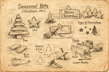 Sketch of small reclaimed wood Christmas decorations including trees, stars, and rustic festive signs.