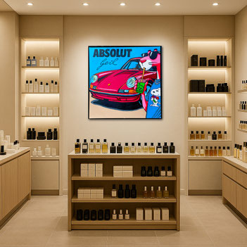 Innenansicht eines luxuriösen Einzelhandelsgeschäfts mit dem Kunstwerk ABSOLUT GEIL an der Wand. Das Porsche-Motiv von Divo Santino unterstreicht das exklusive Shopping-Ambiente und den modernen Lifestyle