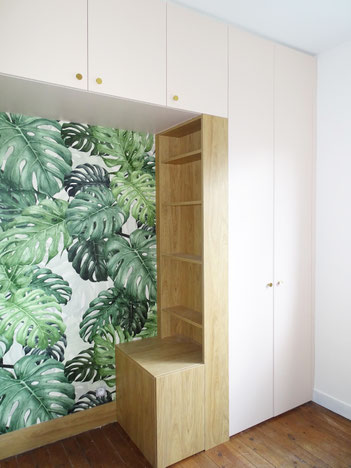 quimper-concarneau-benodet-fouesnant-finistere-architecture intérieur-décoration-renovation-chambre-mobilier sur mesure-papierpeint