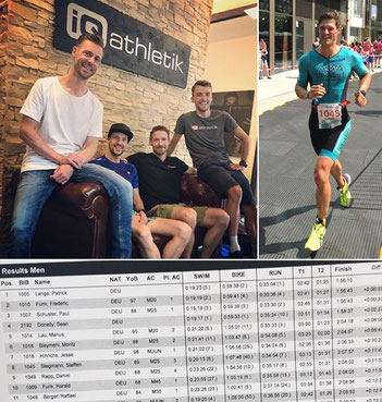 Auf der iQ athletik Couch: Sebastian Mühlenhoff, Andreas Wagner und Tobias Ohlenschläger von iQ athletik mit Triathlonprofi Patrick Lange (Sieger auf der olympischen Distanz). Auf der Laufstrecke beim Frankfurt City Triathlon: Raffael Berger.