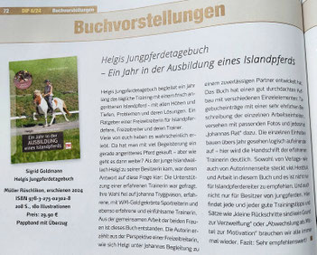 Ein Artikel aus der Zeitschrift "Das Islandpferd" des Islandpferde-Reiter- und -Züchter-Verbandes IPZV: Eine Buchvorstellung mit der Überschrift "Helgis Jungpferdetagebuch - Ein Jahr in der Ausbildung eines Islandpferds"