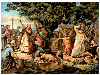 "Boniface cuts Donar's oak" Lihtography of a painting by Heinrich Maria von Hess 