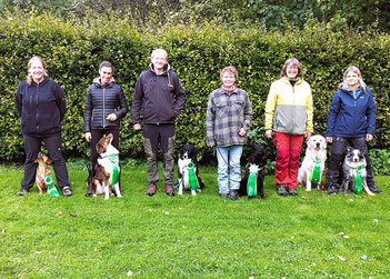 Sechs Personen stehen nebeneinander auf einer Wiese vor einer Hecke, jeweils mit einem Hund an der Leine, die Hunde tragen grüne Schleifen.