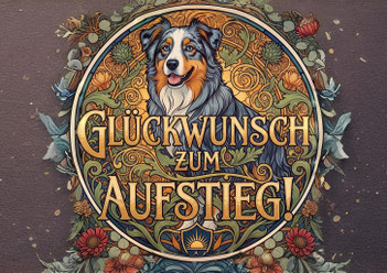 Runder Rahmen mit floralen Mustern und einem Hund mit langem Fell, darunter der Text 'Glückwunsch zum Aufstieg!' in großer Schrift.