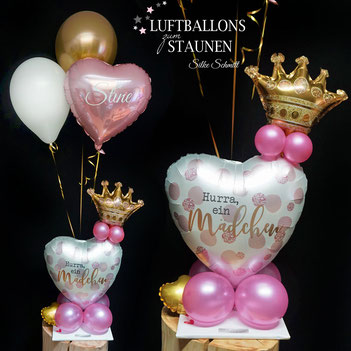 Ballon Luftballon Heliumballon Arrangement Geschenk Mitbringsel Baby Geburt Willkommen Hurra Yippie Mädchen Junge Krone rosa hellblau Herz Helium Versand Box mit Namen personalisiert Personalisierung