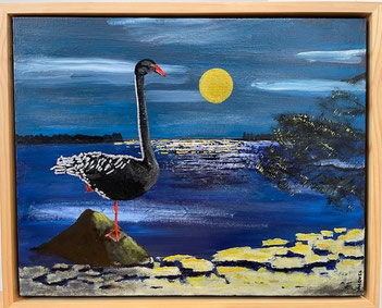 "Lonesome Black Swan" 54cm x 44cm MultiMedia on canvas, pinewood frame $400 (excluding freight)