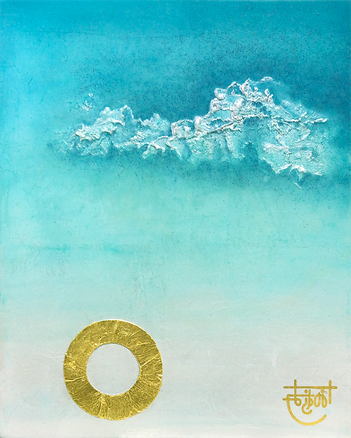 "The Malachite - I will protect you"   27.3 x 22.0cm  Oil painting, gold foil and Malachite.   Framed.