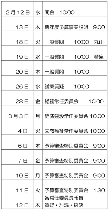2024年 12月議会 11月29日(金)開会 10時～ 12月 4日(水)一般質問 10時～ (若泉) (丸山) 5日(木)一般質問 10時～ 6日(金)一般質問 10時～ 10日(火)議案質疑 10時～ 12日(木)総務常任委員会 10時～ (丸山) 13日(金)文教福祉常任委員会10時～ (若泉) 16日(月)経済建設常任委員 10時～ 20日(金)各常任委員長報告 10時～ 質疑・討論・採決