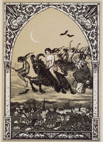 Brujas volando hacia el Akelarre. Ilustración de Bernard Zuber.