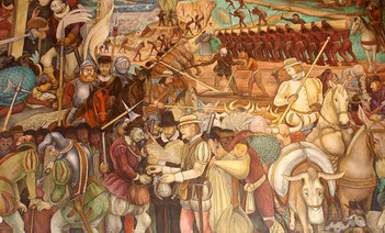 Llegada de Hernán Cortés a Veracruz. Pintura de Diego Rivera.