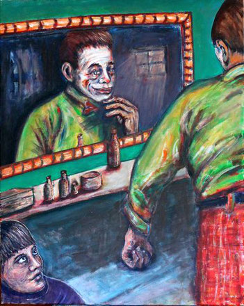 Clown schminkt sich vor einem Spiegel und wird von einem Kind (Sohn) dabei beobachtet