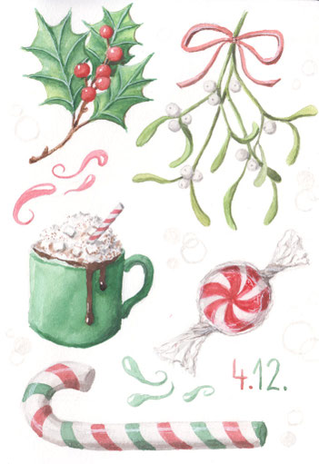 Aquarellstudie "Weihnachtliches Sammelsurium": Stechpalmenzweig, Mistelzweig, Kakao mit Strohhalm und Sahnehaube, Bonbon, Zuckerstange