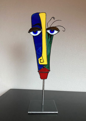 Tête en vitrail Tiffany sur socle métal (Vendue)
