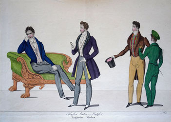 Fashion plate print of four gentlemen in interior, Modenzeitung, ca. 1830