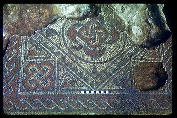 Part of the mosaic floor at the Roman villa in Southwell. Only a few small pieces of tile were found at Stroom Dyke in Langar.