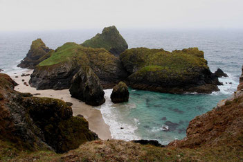 Kynance Cove mit vorgelagernten Felsen in leichtem Dunst von kristallklarem Wasser umspült ©My own Travel
