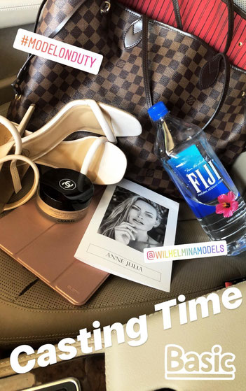 Meine Casting Must-haves: Transparentes Puder gegen ölig-glänzende Hautpartien, iPad mit meinem Model Book, Sedcards, High Heels und Wasser.