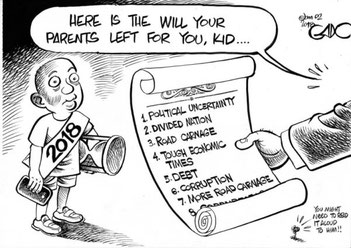 La vignetta satirica di Gado sull’eredità che il Kenya lascia alle nuove generazioni. Incertezza politica, divisioni, morti sulle strade, difficoltà economiche, debiti, corruzione