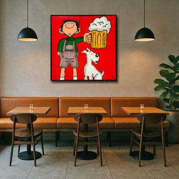 Modernes Bistro mit dem Kunstwerk SAUHUND. Die Pop-Art von Divo Santino sorgt für eine lockere und originelle Atmosphäre in der Gastronomie.