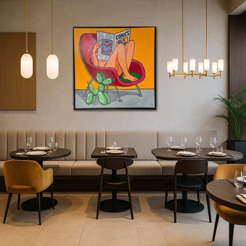 Gehobene Gastronomie mit dem Pop-Art Werk GREEN HOT DOG von Divo Santino. Das farbenfrohe Design-Motiv schafft eine moderne und inspirierende Atmosphäre für Gäste.