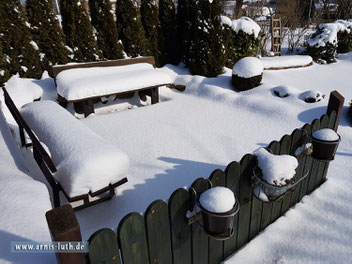 Ferienhaus Arnis Luth Terasse im Schnee, 03.03.2018