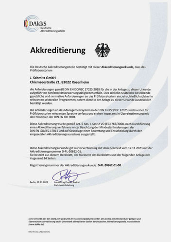 Urkunde der DAkkS bestätigt die Kompetenz nach DIN ISO/IEC 17025:2005 im Bereich EMV