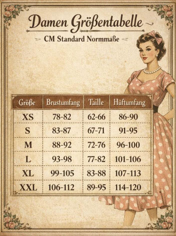 masstabelle richtwerte powderroom vintage mode damen frauen retro mode retro kleider vintage kleider schweiz