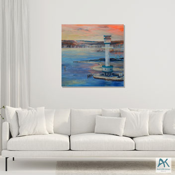 Astrid Krömer, Vor Friedrichsort, Acryl auf Leinwand, 2024, 100x100 cm, Bild über dem Sofa