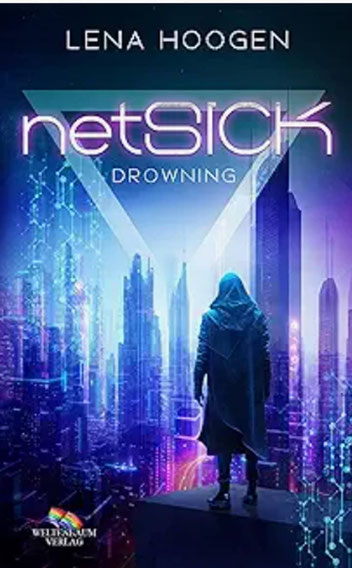 Buchcover. Mann im blauen Mantel vor blauer futuristischer Stadt