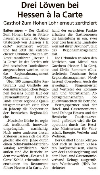 Zeitungsartikel in der HNA über den Gasthof "Zum Hohen Lohr" in Battenhausen; landschaftlich schön gelegen im Naturpark Kellerwald-Edersee in der nordhessischen Grimmheimat