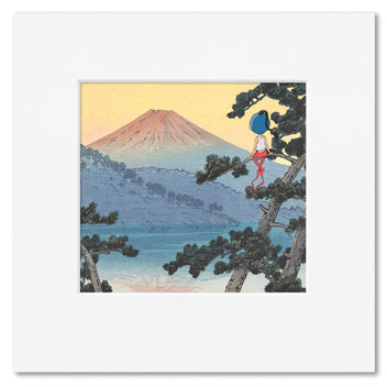 Timeliot est assis sur une branche et regarde le soleil se lever sur le Mont Fuji