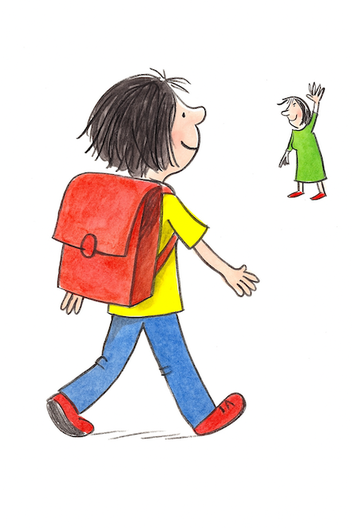 Kind geht eigenständig in die Schule, Mutter winkt dem Kind zu – symbolisiert die Wahrnehmung und den Umgang mit ADHS im Familienalltag.