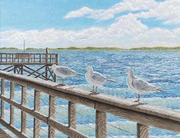 Acrylic painting of seagulls on Cape Fear pier - "Sunday Morning"