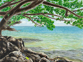 Acrylic painting of ocean behind rocks under scrub oak - "Leaf On Rock"