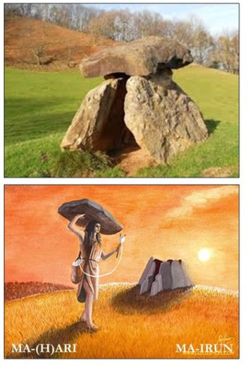 Dolmen de Mairietxe,  Medible, Baja Navarra. En la parte inferior: representación de la Mairi construyéndolo mientras hila con su huso.