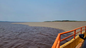 'Encontro das Aguas': Zusammenfluss des dunklen Rio Negro und des bräunlichen Rio Solimões.