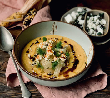 Polenta, Maisgries, Cremepolenta, geschmorter Fenchel, Fenchel, Feta, Winterküche, vegetarische Küche, vegetarisches Essen