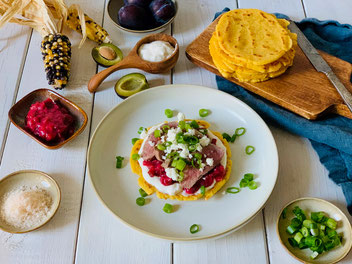 Maistortillas, Tortillas, Burrito, Tacos, Lamm, Zwetschgenchutney, Maisbrot, Maisfladen