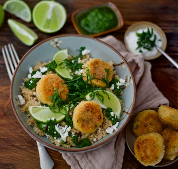 Saiblingsbällchen, Fischbällchen, Fisch, Saibling, Frühling, Frühlingsgericht, Frühlingsküche, Bärlauch, Couscous, Schafskäse