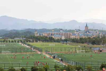 Una foto di parte dei 50 campi, metà in erba perfetta e gli altri in sintetico all interno dell'Evergrande Football School
