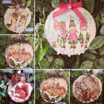 5 photos de rondins de bois d'environ 15 cms de diamètre décorés avec un collage de serviette représentant un hérisson, des écureuils, des cerfs,  des gnomes. La décoration du dessus est faite avec des pommes de pin et des rubans et  de la neige