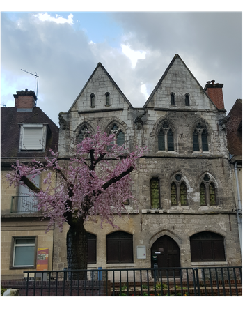 L'ancienne maison, dite "des Templiers", datant du 13ème siècle, avec une cerisier en fleurs