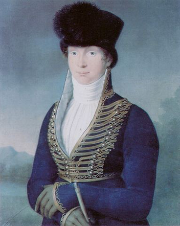 Queen Louise of Prussia in military inspired dress and blue spencer with gold braid, portrait