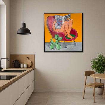 Moderne Design-Küche mit dem Pop-Art Gemälde GREEN HOT DOG. Das Werk setzt einen starken Akzent zwischen hochwertigen Küchengeräten und minimalistischem Dekor.