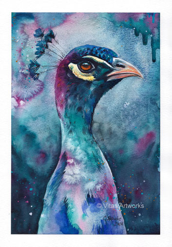 lockeres Aquarell von einem Pfau - Originales Kunstwerk
