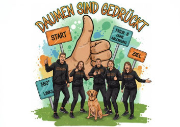 Fünf Personen in schwarzer Sportkleidung mit Aufschrift, alle zeigen Daumen hoch, vor einer großen Daumen-hoch-Illustration und mehreren Schildern mit Texten wie 'START', 'FIGUR 8 OHNE ABLENKUNG', 'ZIEL' und '360° LINKS'. Ein brauner Hund sitzt vorne