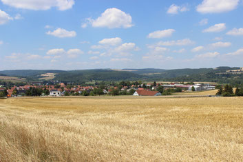 Photo by Mihla (Germany) showing houses, forests and a wheat field.